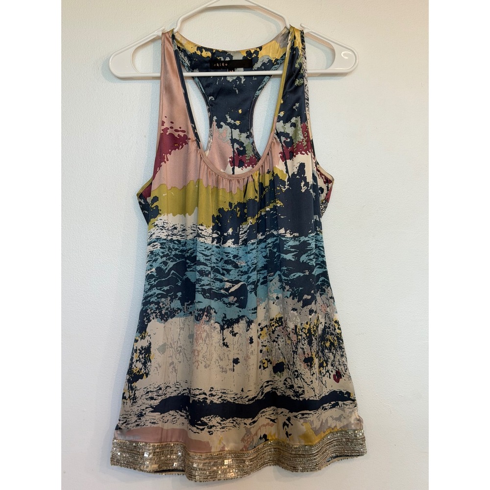Akiko 100% Silk Abstract Landscape Racerback Tank Top Sequin Blue Gold Medium